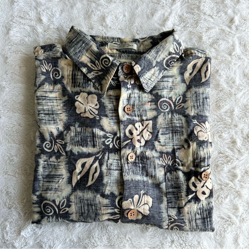 Vintage ME Sport Hawaiian Shirt Mens XL Navy Tropical Hibiscus Aztec Rayon Beach